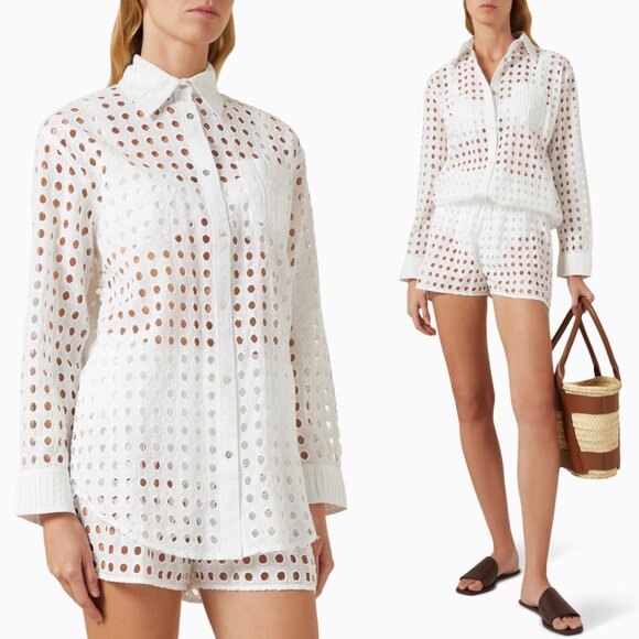 Solid & Striped Oxford Button Up Cover Up Shirt Sz M White Cotton Tunic Eyelet - Picture 1 of 6